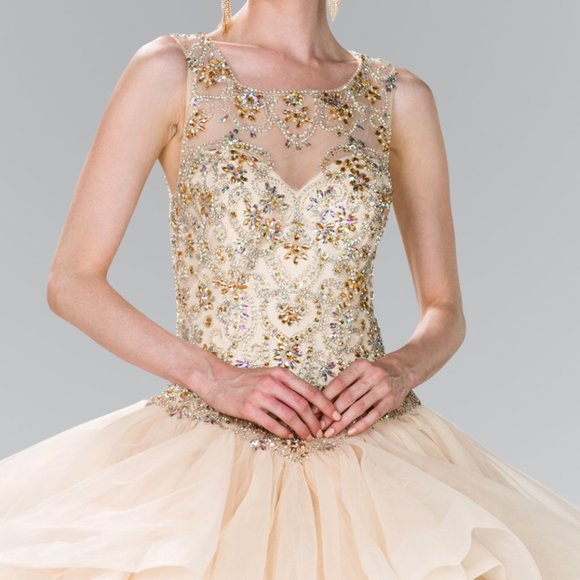 NEW FLOOR LENGTH SLEEVELESS TULLE BALL GOWN EMBROIDERED WITH RHINESTONES GL2378 - Picture 4 of 12